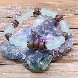 Sage Green Cultured Sea Glass, Toffee Bronzite and Copper Beaded Bracelet